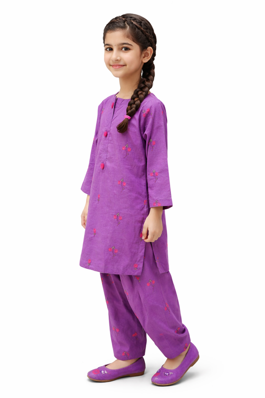 Mauve Purple Embroidered Girls Cotton Suit – 2 Piece Set