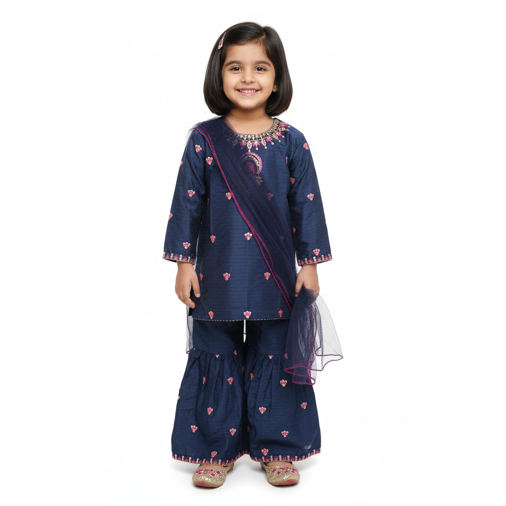 Navy Blue Embroidered Girls Sharara Suit – 3 Piece Set