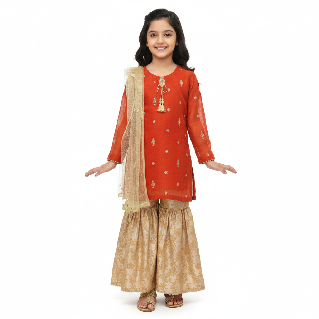 Rust Orange Embroidered Girls Sharara Suit – 3 Piece Set