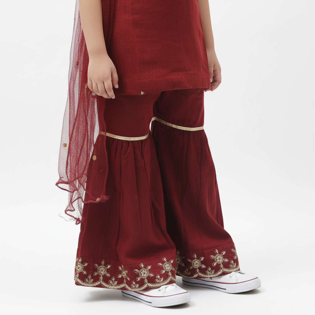 Ruby Bloom Kids Sharara Suit – Red Embroidered Festive Wear