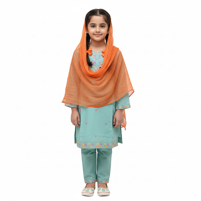 Mint Green Embroidered Girls Suit with Orange Dupatta – 3 Piece Set
