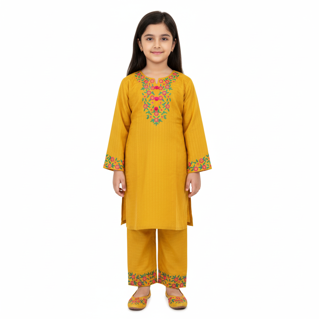 Mustard Yellow Embroidered Girls Cotton Suit – 2 Piece Set