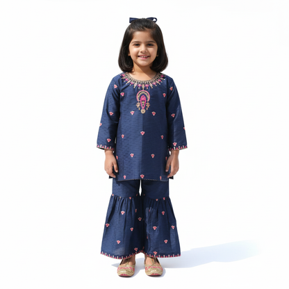 Navy Blue Embroidered Girls Sharara Suit – 3 Piece Set