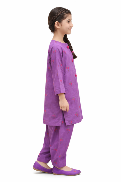 Mauve Purple Embroidered Girls Cotton Suit – 2 Piece Set