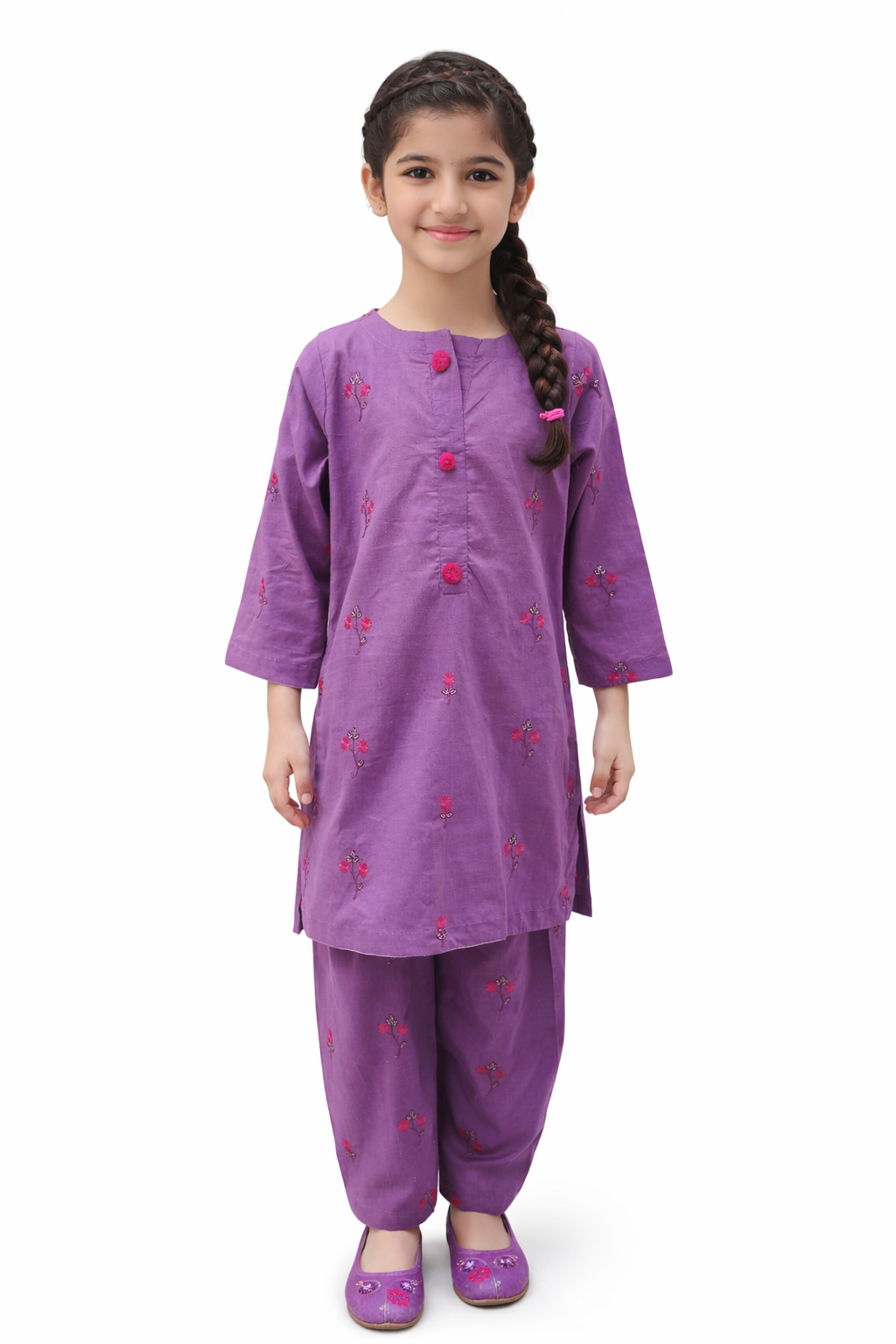Mauve Purple Embroidered Girls Cotton Suit – 2 Piece Set