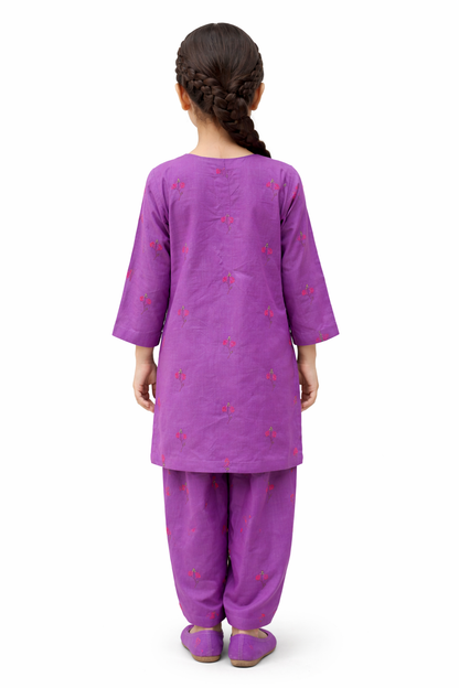 Mauve Purple Embroidered Girls Cotton Suit – 2 Piece Set