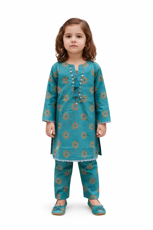 Summer Breeze Printed Kids Suit - SeaGreen
