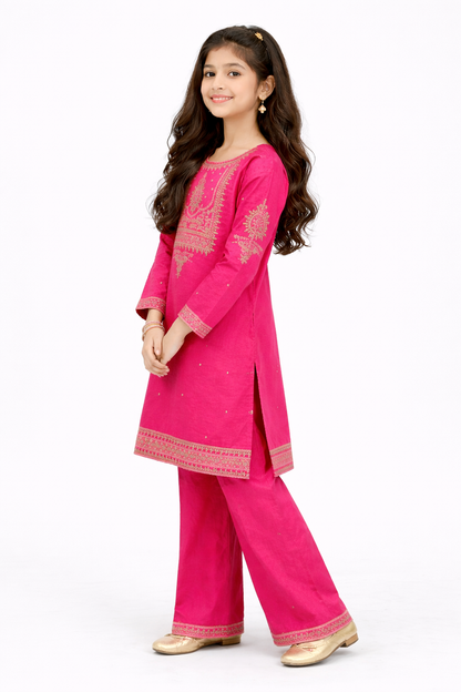 Hot Pink Embroidered Girls Suit – 2 Piece Set