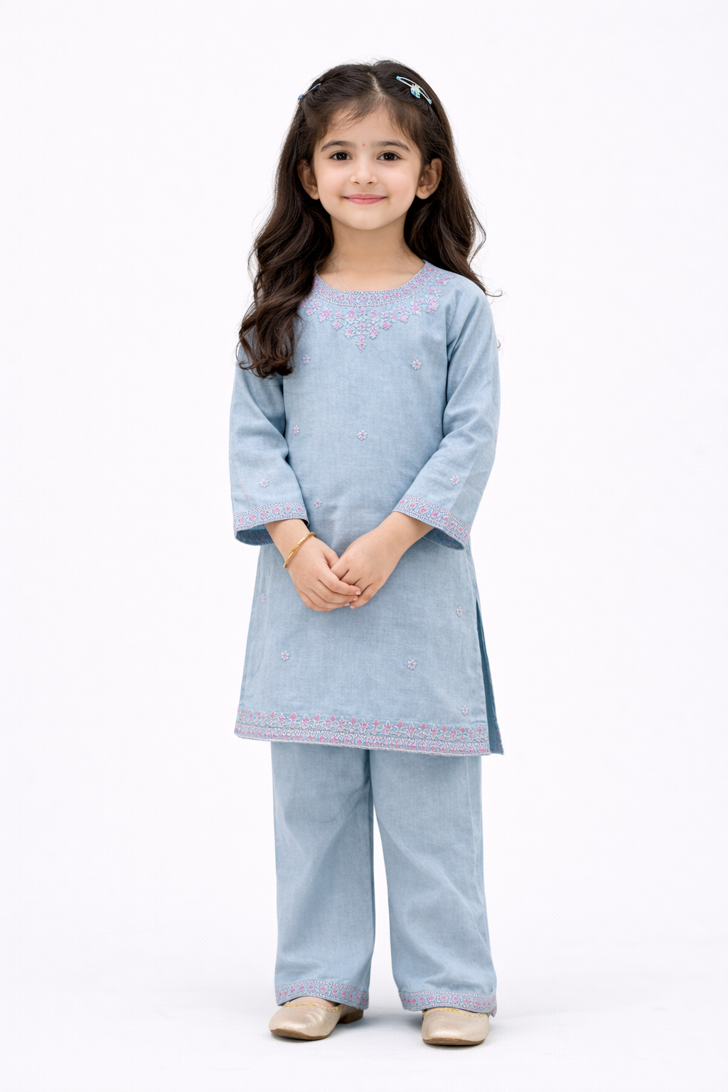 Powder Blue Embroidered Girls Suit – 2 Piece Set