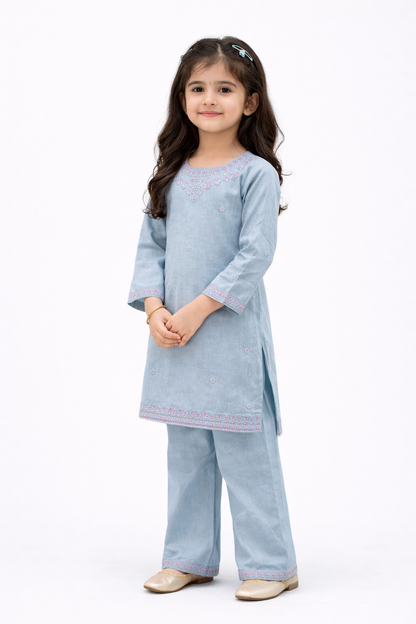 Powder Blue Embroidered Girls Suit – 2 Piece Set