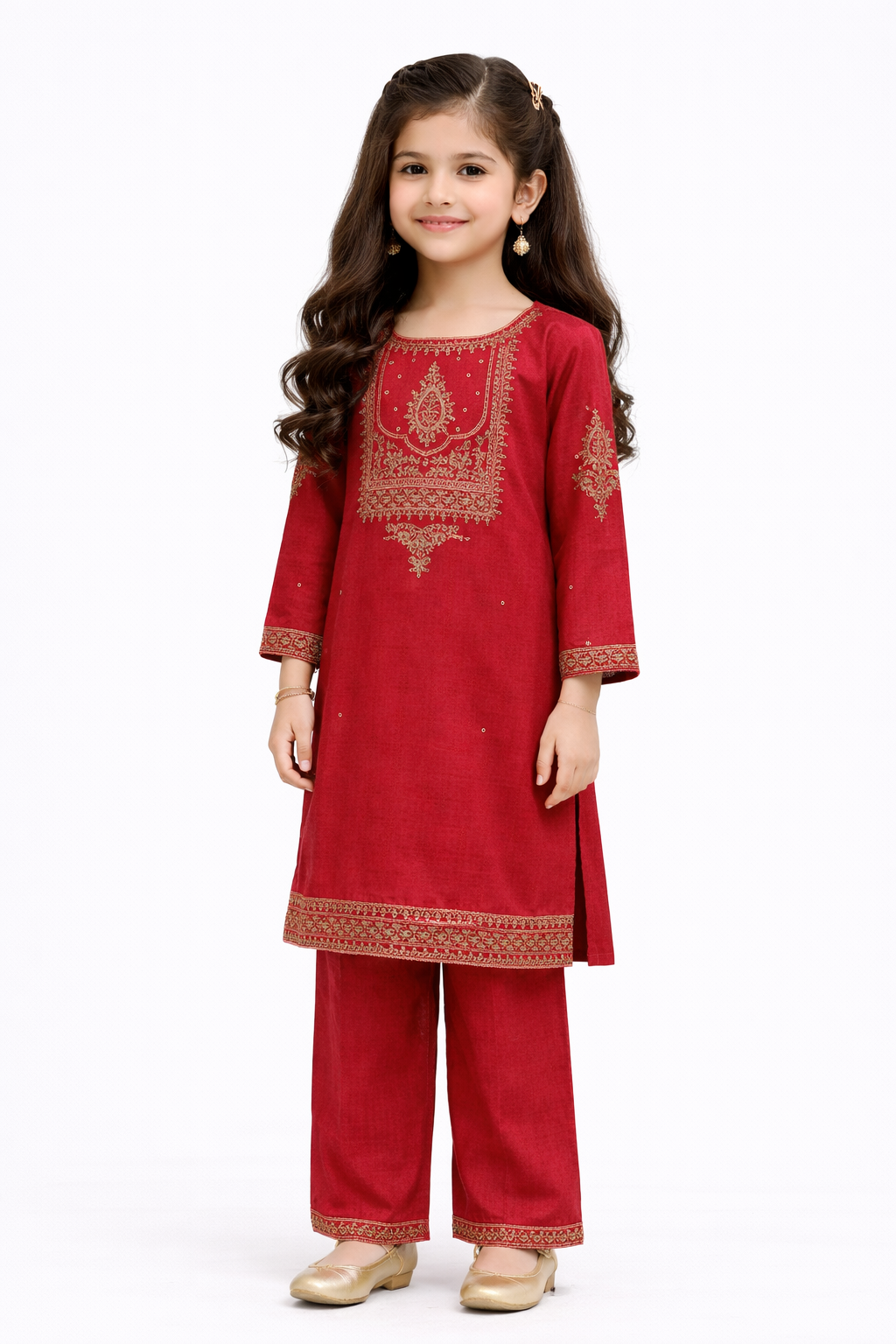 Girls Maroon Embroidered 2-Piece Suit