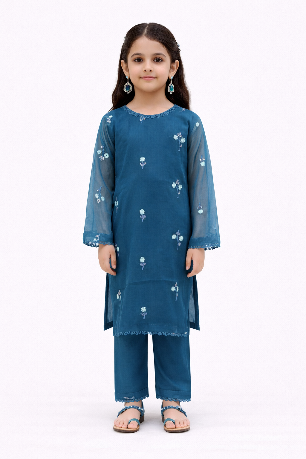 Teal Blue Embroidered Girls Chiffon Suit