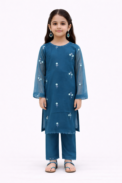 Teal Blue Embroidered Girls Chiffon Suit