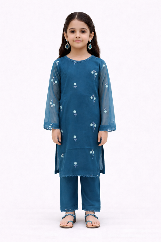 Teal Blue Embroidered Girls Chiffon Suit