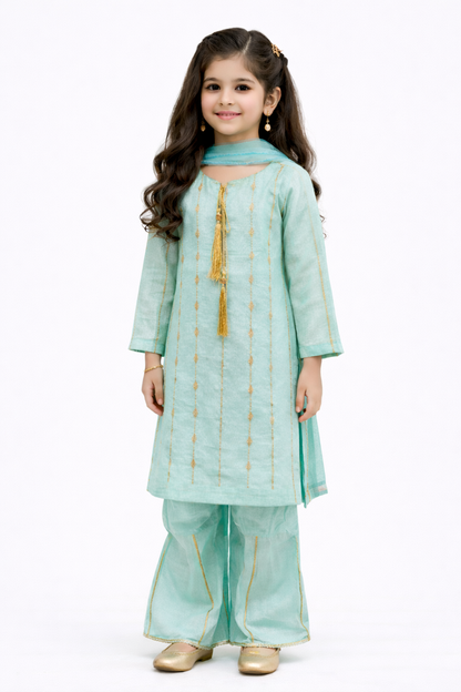 Girls Mint Green Embroidered 3-Piece Suit