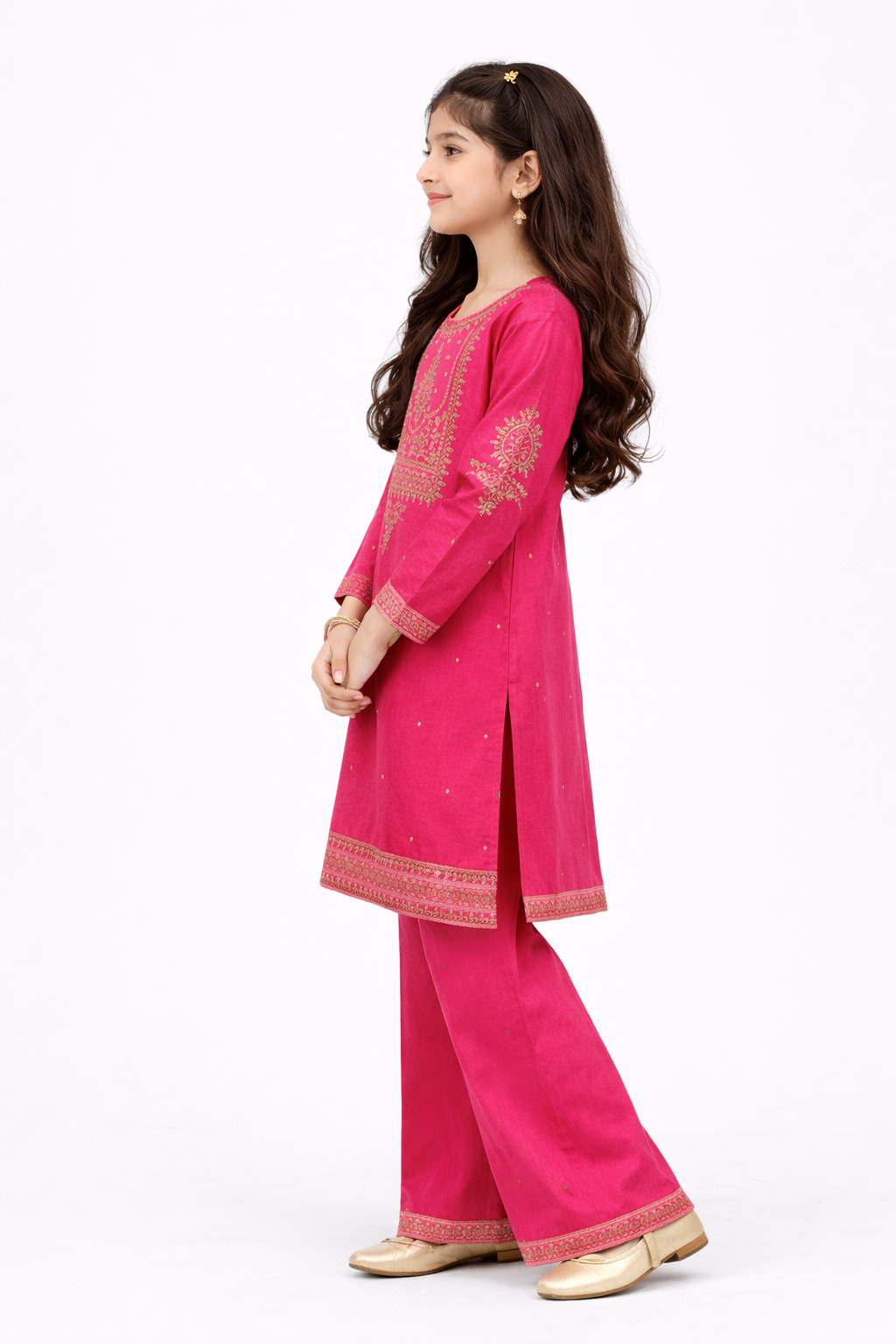 Hot Pink Embroidered Girls Suit – 2 Piece Set