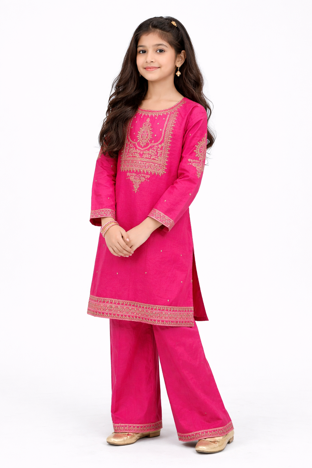 Hot Pink Embroidered Girls Suit – 2 Piece Set