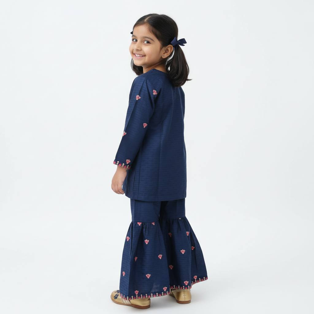 Navy Blue Embroidered Girls Sharara Suit – 3 Piece Set