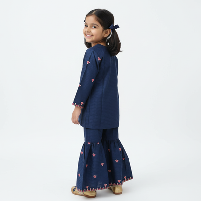 Navy Blue Embroidered Girls Sharara Suit – 3 Piece Set