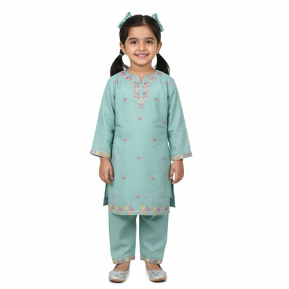 Mint Green Embroidered Girls Suit with Orange Dupatta – 3 Piece Set