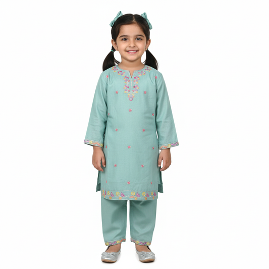 Mint Green Embroidered Girls Suit with Orange Dupatta – 3 Piece Set