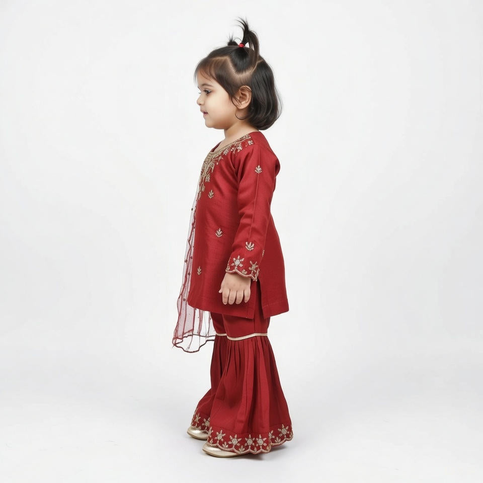Ruby Bloom Kids Sharara Suit – Red Embroidered Festive Wear