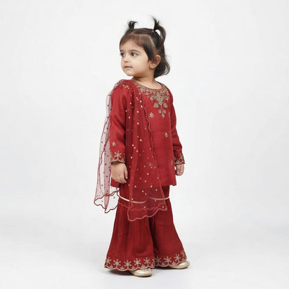 Ruby Bloom Kids Sharara Suit – Red Embroidered Festive Wear